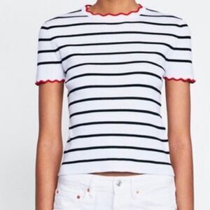 Zara White and Black Striped Top with Red Trim